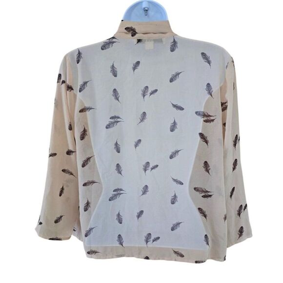 Womens Feather Print Sheer Beige Cardigan Top boho cottagecore grannycore - Picture 2 of 5